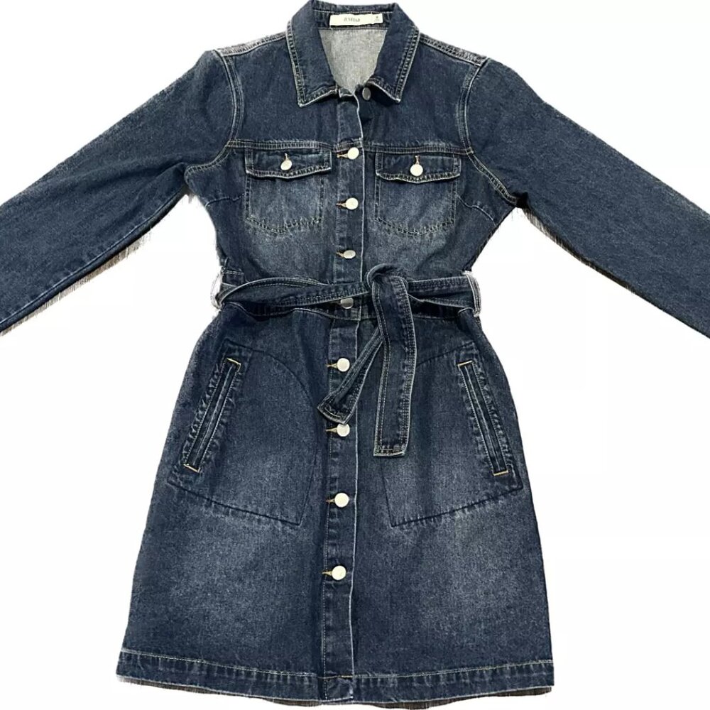 JUSTFAB BELTED DENIM DRESS FREE MOVEMENT SIZE MEDIUM PEOPLE LONG SLEEVE Just Fab
